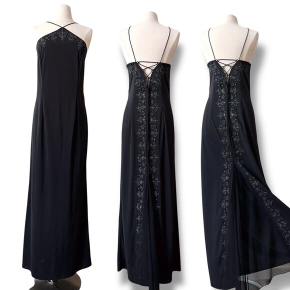 Dave & Johnny Dresses & Skirts - Vtg Y2K Black Embroided Halter Maxi Dress Large Lace Corset Back Whimsigoth Prom